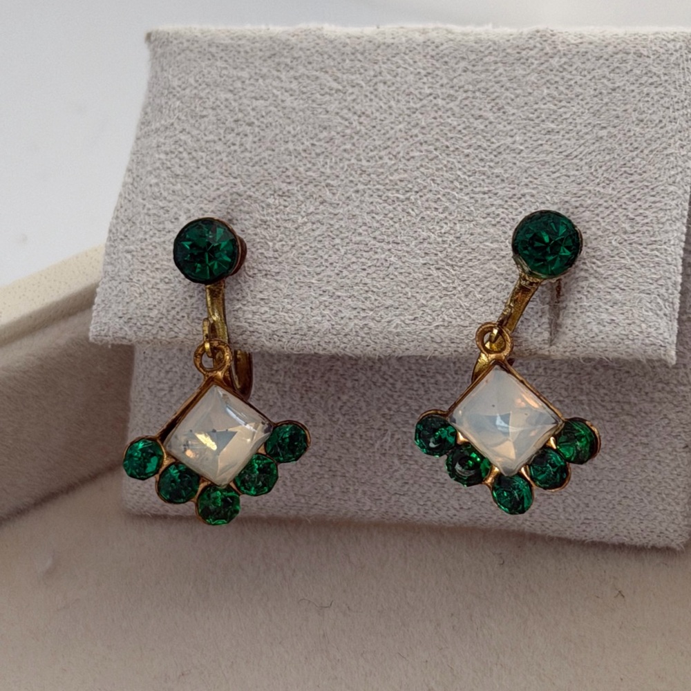 Vintage Opalite & Green Rhinestone Earrings | Mid Century Screw Back